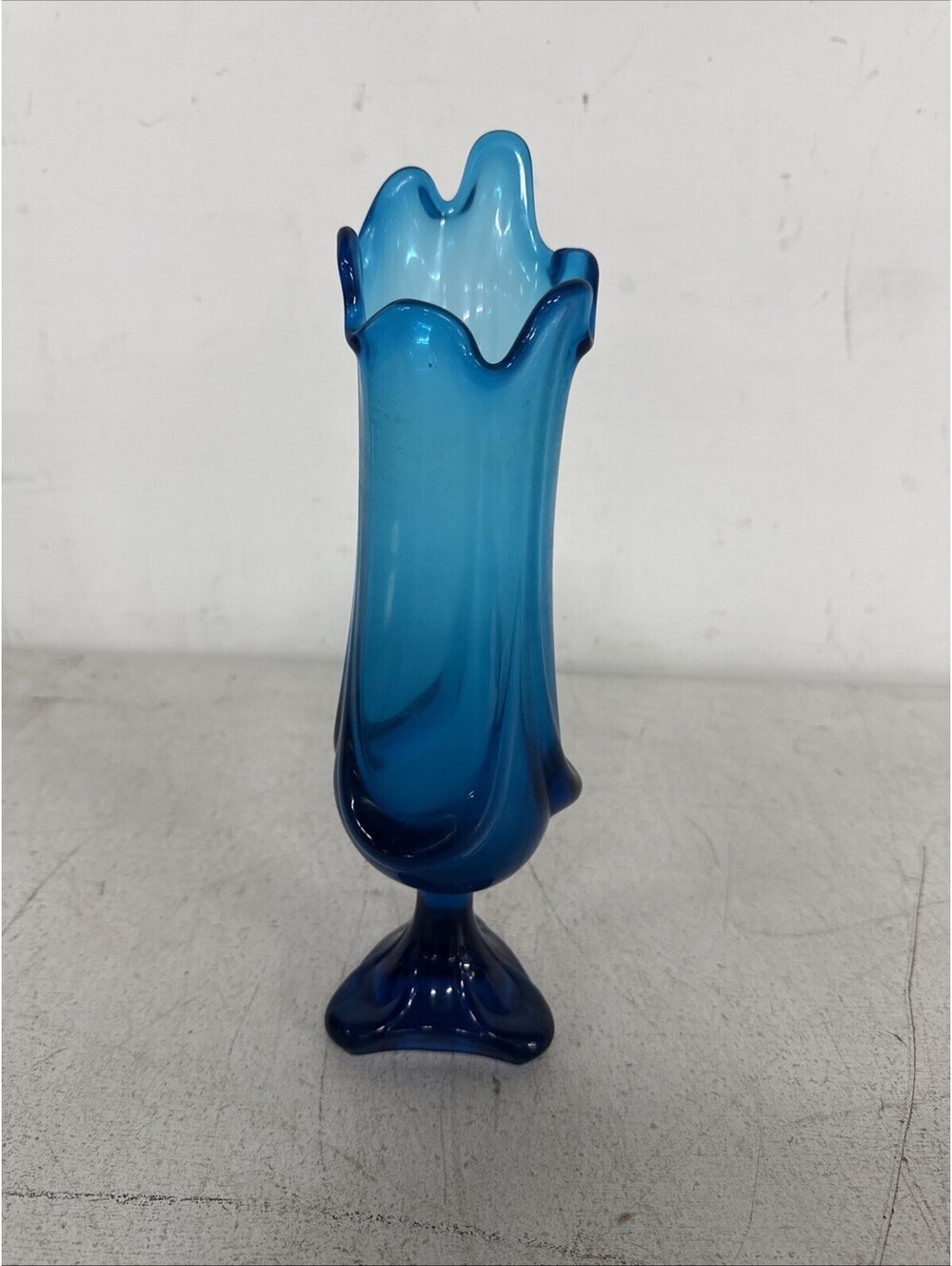Vintage Viking Glass Footed Drape Swung Vase Bluenique Blue 13.25” 3 Toe MCM